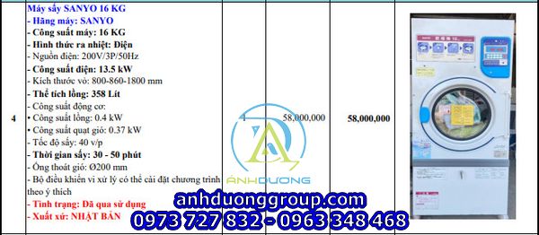 Máy sấy công nghiệp Sanyo 16kg cũ nhật bãi 